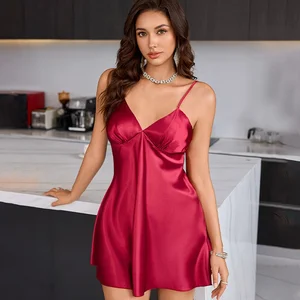 Women's Summer Breathable Home Casual Short Nightdress Comfortable Ice Silk Satin Dress Elastic Waist Closure Solid Sexy Style