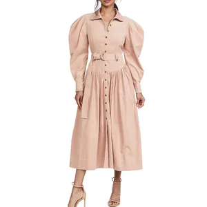 Custom Fashion Clothing Women Fall Dress Puff Sleeve Pleated Corduroy Midi Shirt Dresses Women With Belt
