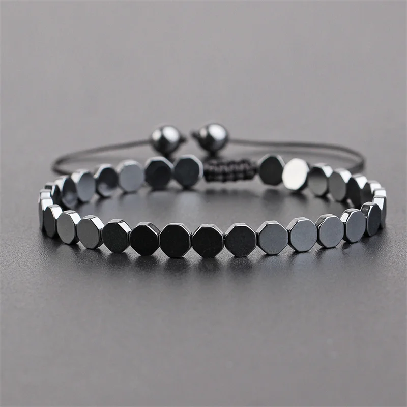 Simple Geometric Heart Arrows Hexagon Hematite Magnetic Stone Bead Handwoven Adjustable Magnet Bracelet for Mens Jewelry
