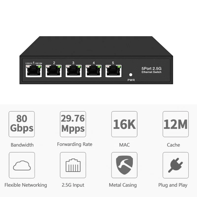 5 Port 2.5G Ethernet Switch 100/1000/2500Mbps Unmanaged Network POE Switch factory