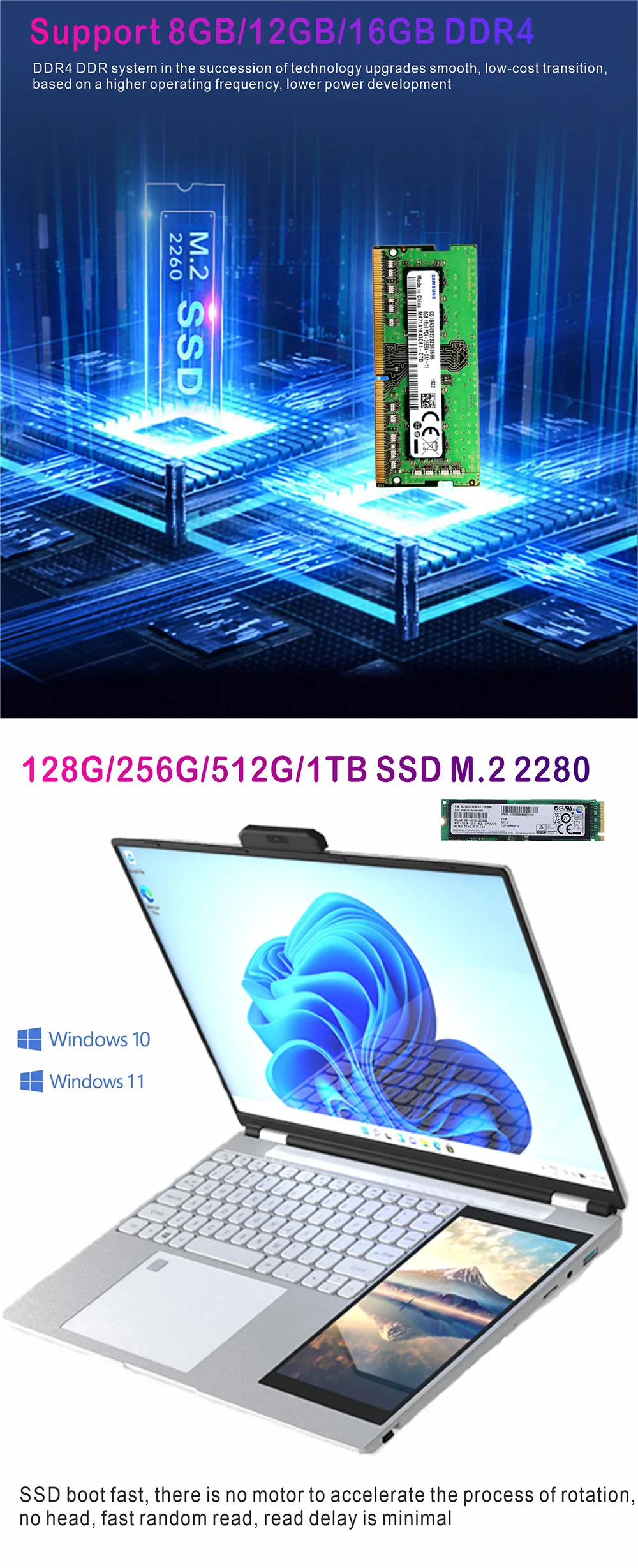 2024 Dual screen Laptop 15.6'' IPS Display +7'' Touch Screen Intel Quad Core 16GB RAM DDR4+512GB SSD Win 11 Notebook Computer