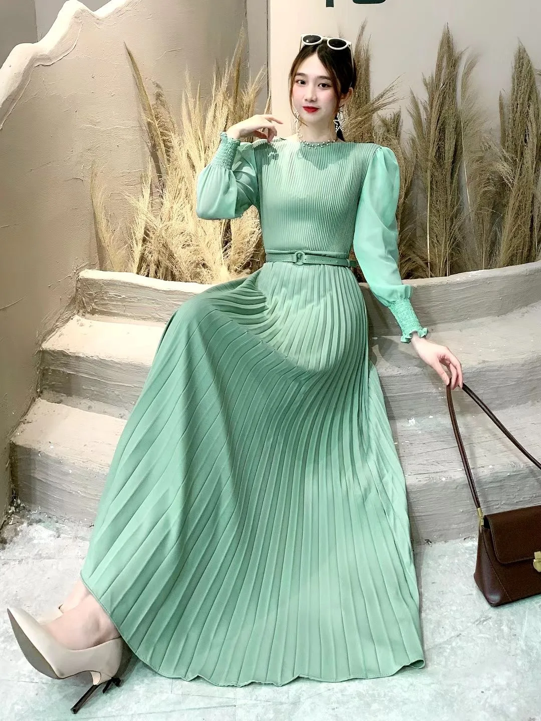 A406020 Business Casual Shirt Dress for Women Long Sleeves Pleated Midi Dresses with Belt