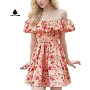 Custom Women's Summer Ruffle Neck High Waist Elegant Short Dress Ruffle Off Shoulder Aline Mini Floral Casual Dresses