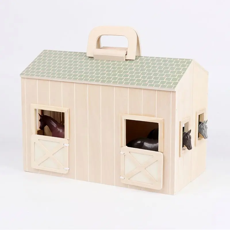 Wooden Educational Toys BSCI Factory Wooden Horse Stable Dollhouse Toy with Handle and Toy Horse
