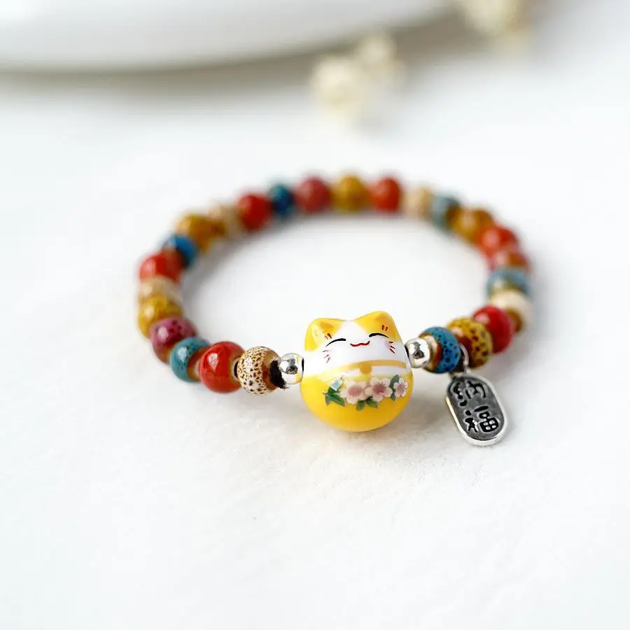 New Small Fresh Literature And Art Pastoral Japanese Lucky Cat Beaded Ceramic Bracelet Lucky Cat