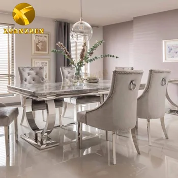Restaurant furniture metal dining room set dining table set marble dining table with 6 chairs for home DT004
