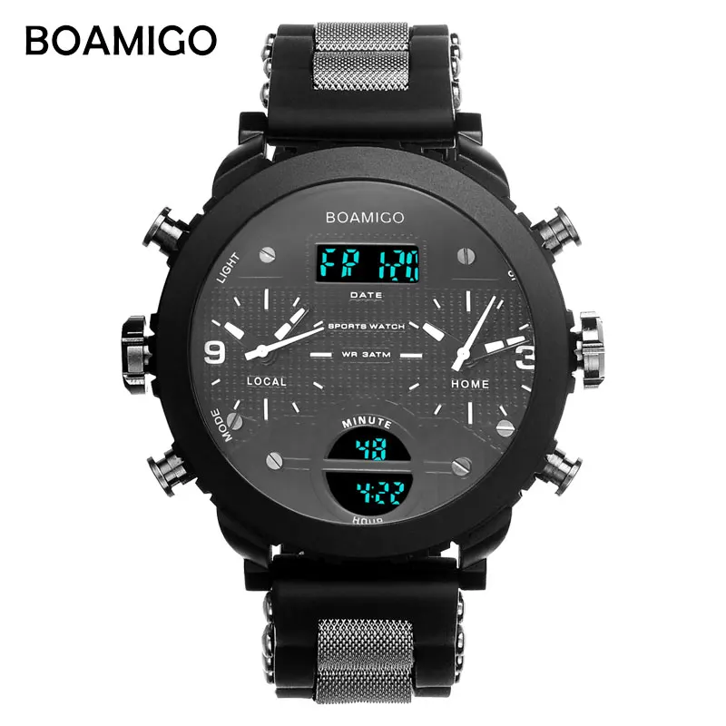 Men Watches BOAMIGO Brand 3 Time Zone Sports Watches Male LED Digital Quartz Wrist Watch