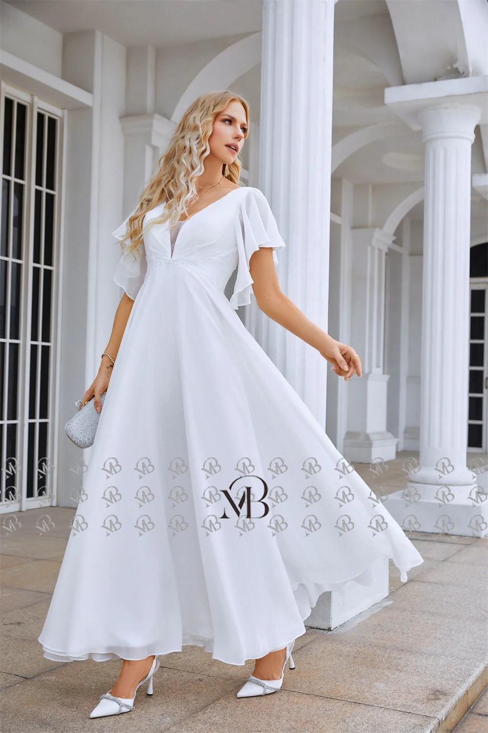 Mily Bridal QD06273 Midi Ruffled Slit Short Sleeves Sequined Cross Belt V  Zipper Back Chiffon Beach Wedding Gown Dress| Alibaba.com