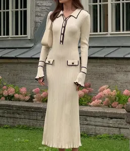 Ruffled Fashion Knit Dress Women Autumn Ribbed Contrast Long Sleeve High Waist Lapel Gown Dress Knitwear Ladies Maxi Dress