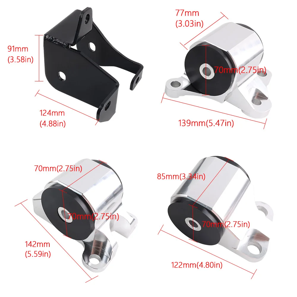 thumbnail image 2 of Billet Aluminum Engine Motor Mount Kit For 1996-2000 Honda Civic B-Series / D-Series - 2-Bolt Design, Black Finish 2 of 5