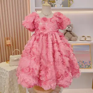 Summer Cute 3D Floral Girl Princess Dress Tulle Puff Sleeve Ruffles Knee-Length Birthday Party Dress