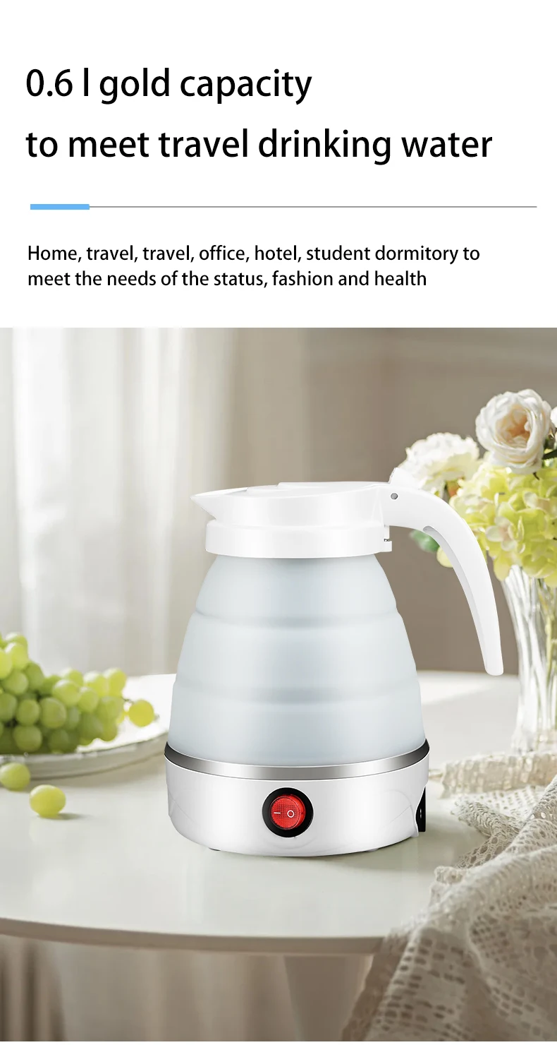 Foldable Portable Electric Water Kettle, Silicone and SUS 304, One-touch Water Boiling, Adjustable Temperature, Various Colors