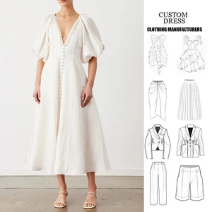 Women's Flare Midi-length Dress Silk-linen Elegance Bead Buttons Balloon Style Sleeves Deep v Neck Casual Dress
