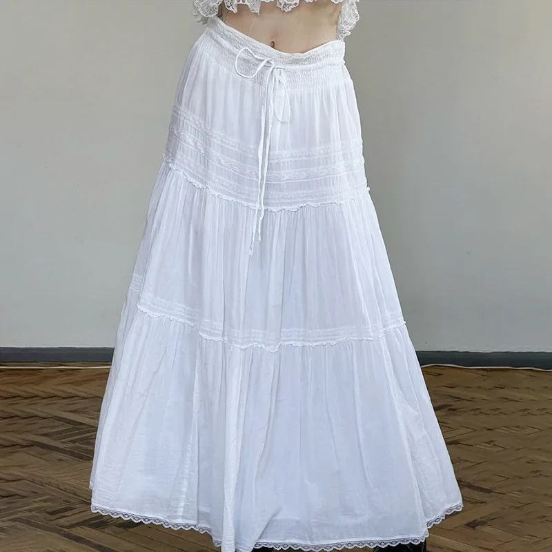 White Lace Long Skirt Women Y2k Elegant Hollow Out Long Skirt Female ...