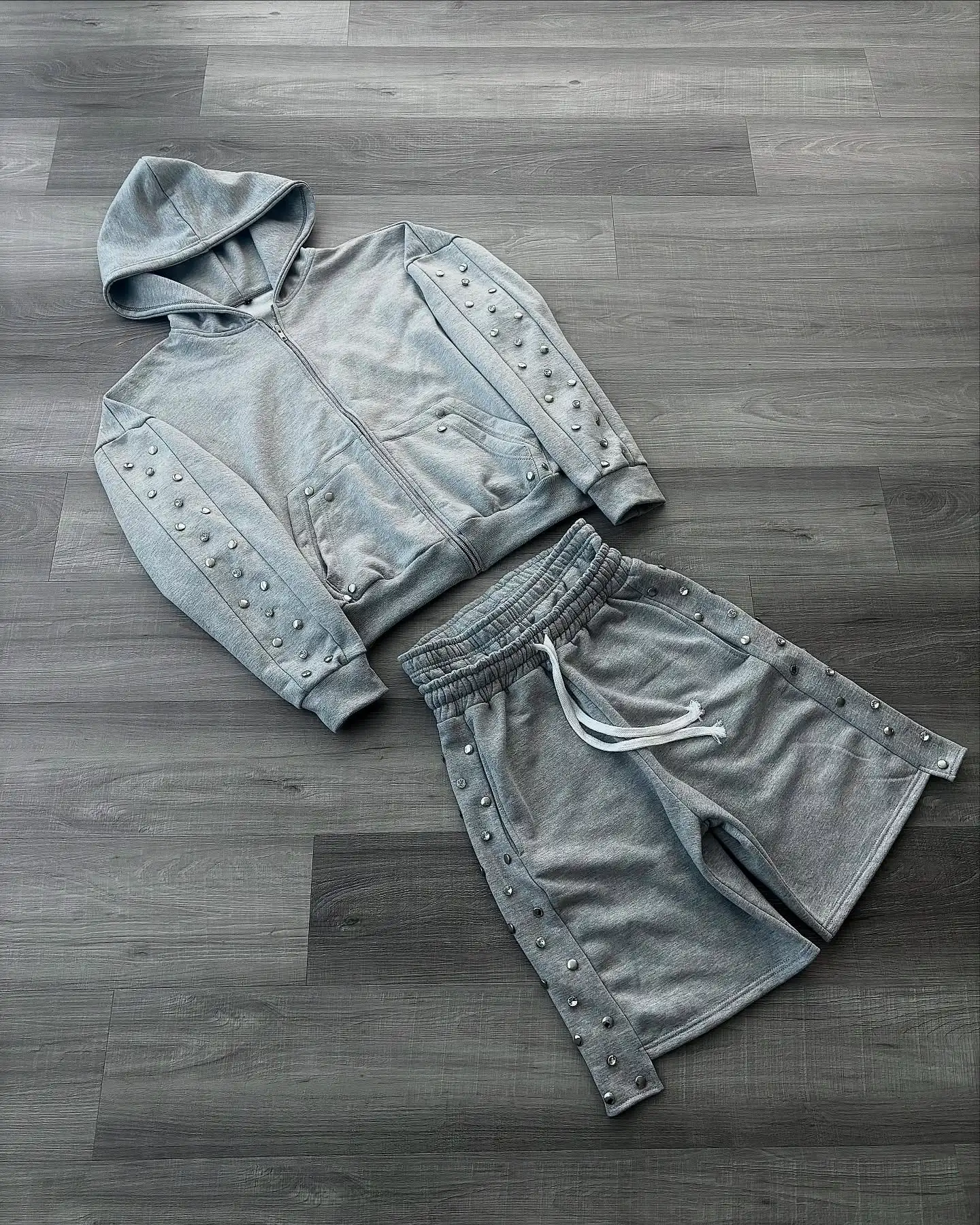 Wholesale Custom Heavyweight Cotton French Terry Vintage Stone Acid Wash Cropped Boxy Zip up Hoodie and Sweat Shorts Set
