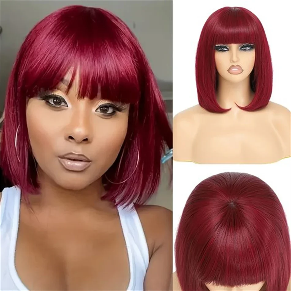 Pelucas de cabello humano brasileño liso corto de color 99J con flequillo, estilo bob, Remy, completamente hechas a máquina para mujeres, resaltado burdeos_voghion.com