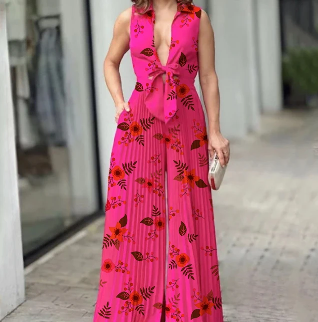 New V-Neck Sleeveless Lapel Bow Tie Top Loose Wide Leg Women's