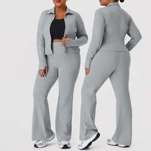 Women Plus Size Sports Stand-up Collar Jacket High Elasticity Flared Legs Pants Yoga Sets