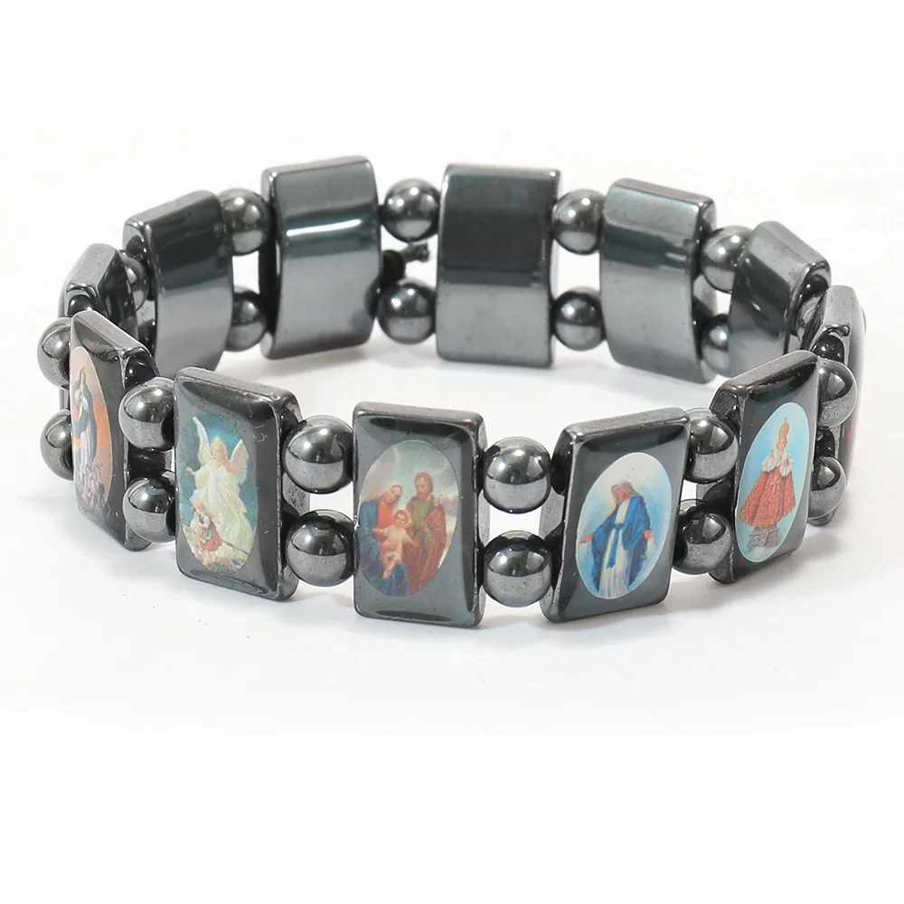 Magnetite Men Bracelet Dual Strand Religious Jewelry Holy Father Jesus Virgin Mary Gifts Catholic Healing Hematite Bracelet