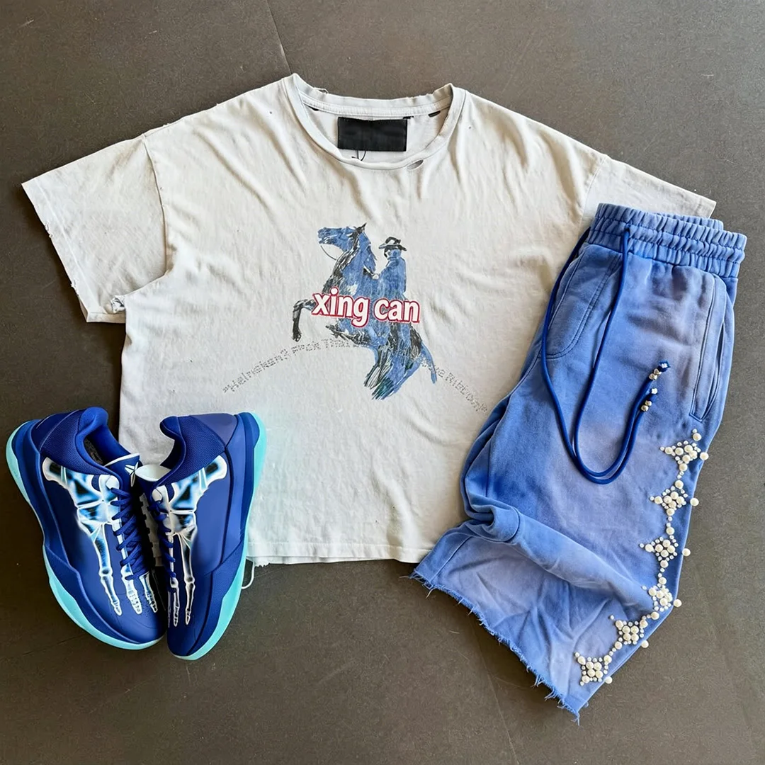 Nuwe Trend Somer Straatklere Vintage Gewasde Mansset, 100% Katoen T-hemp, Parel Warmvast Swartsteen Rooi Rand Shorts Aanpasbaar