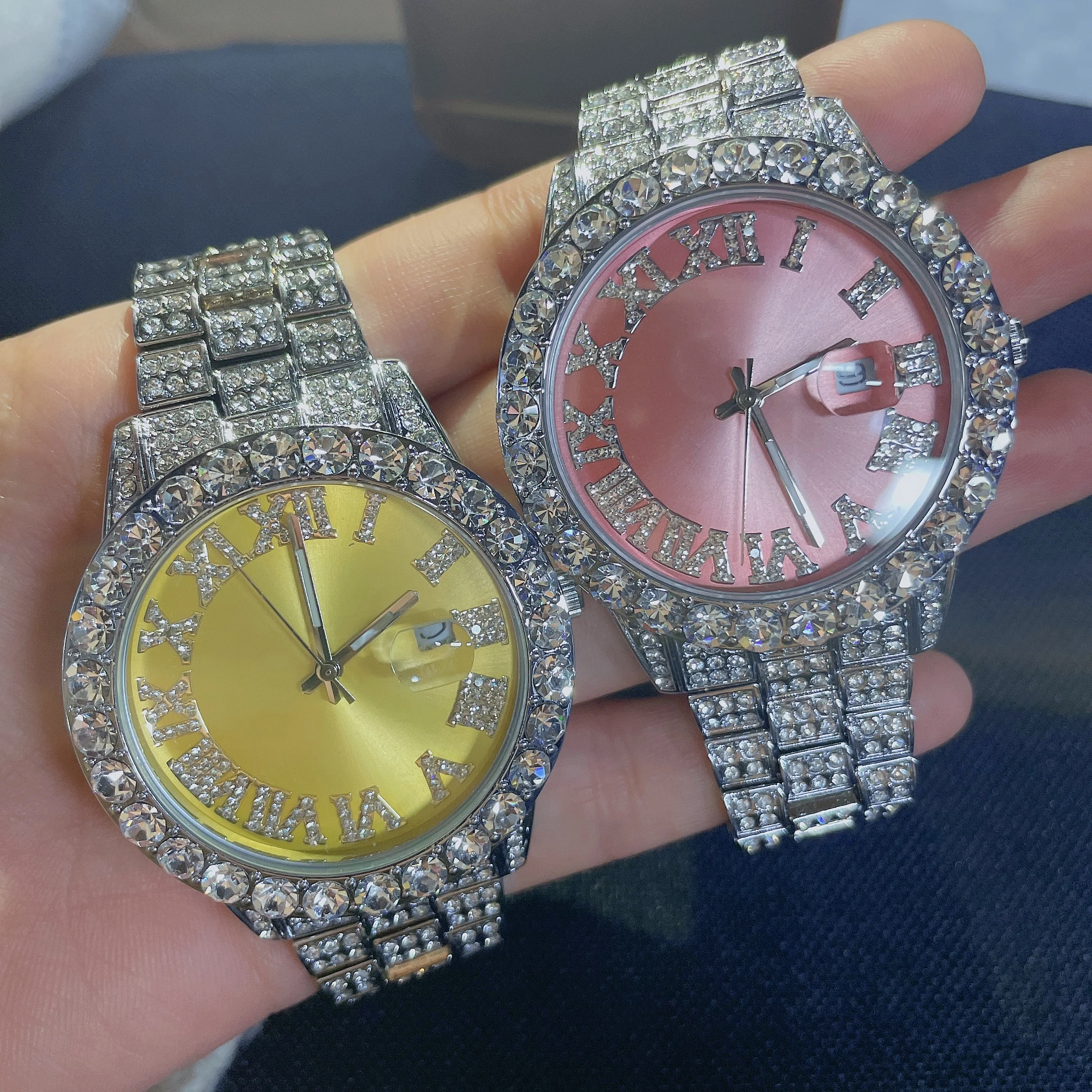 2022 Fully Rhinestone Diamond Hip Hop Color Gold Plated Bling Watch Men Luxury Iced Out Bling Wrist Watches Set Jewelry For Gift Buy 2021 Iced Out Baby Pink Women Watches Bling Watch With Purple