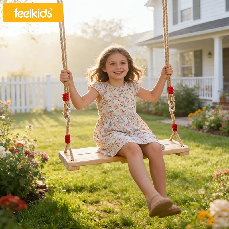 Feelkids Durable Kids Garden Wooden Swings Kids Indoor Outdoor Playground Swing Seat Metal High Quality New Design Pine Board