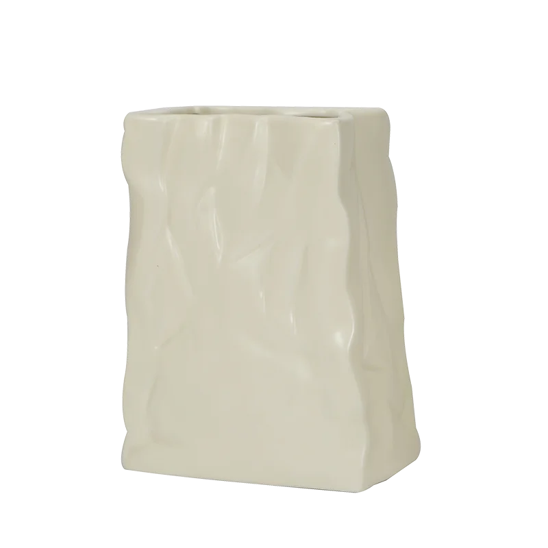 Factory Wrinkled Paper Bag Vase Ceramic Flower Pot for Home Garden Tabletop White Vases for Decor