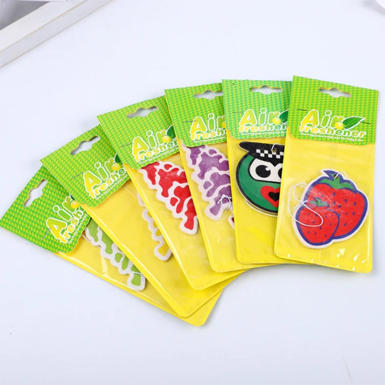 Free design eco friendly best selling car perfume custom fruit car air freshener with backing card package supplier