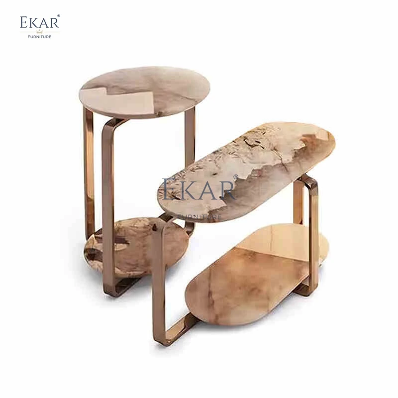 Modern Irregular Oval Marble Side Table Unique Wooden Glass Coffee Table for Living Room Dining Home Villa Outdoor Gym Use