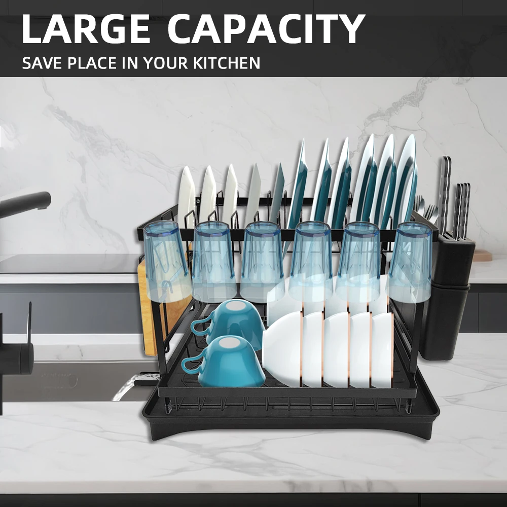 2-Tier Kitchen Metal Dish Rack Cup Bowl Organizer Dish Drainer Rack Soup Spoon Holder Stand Dishes Drying Racks