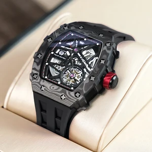 For Tonneau Carbon Fiber Rubber Band Water Resistant Analog Automatic Mechanical Luxury Mens Watch