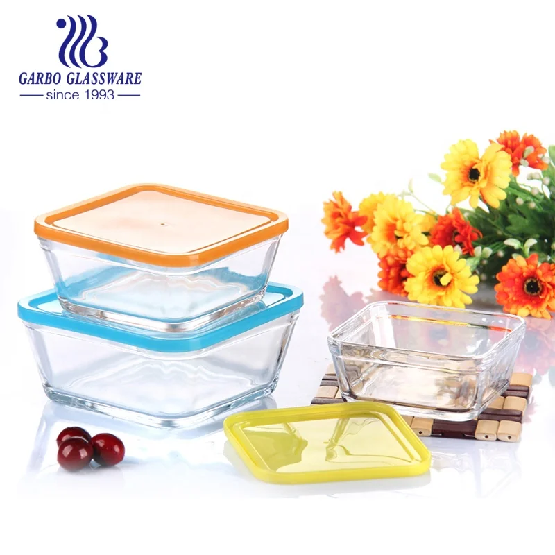 5pcs Food Fruit Home Kitchen Outdoors Lunch  Decaled Printing Plastic Lid Glass square Container Storage Box Glass Bowl Set