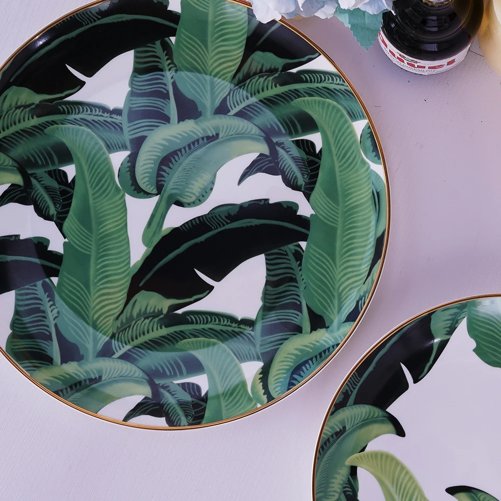 Bone China Dinnerware 4Pcs Plate Set Green Banana Leaves Ceramic Tableware Wedding Charger Plate for Event&Catering