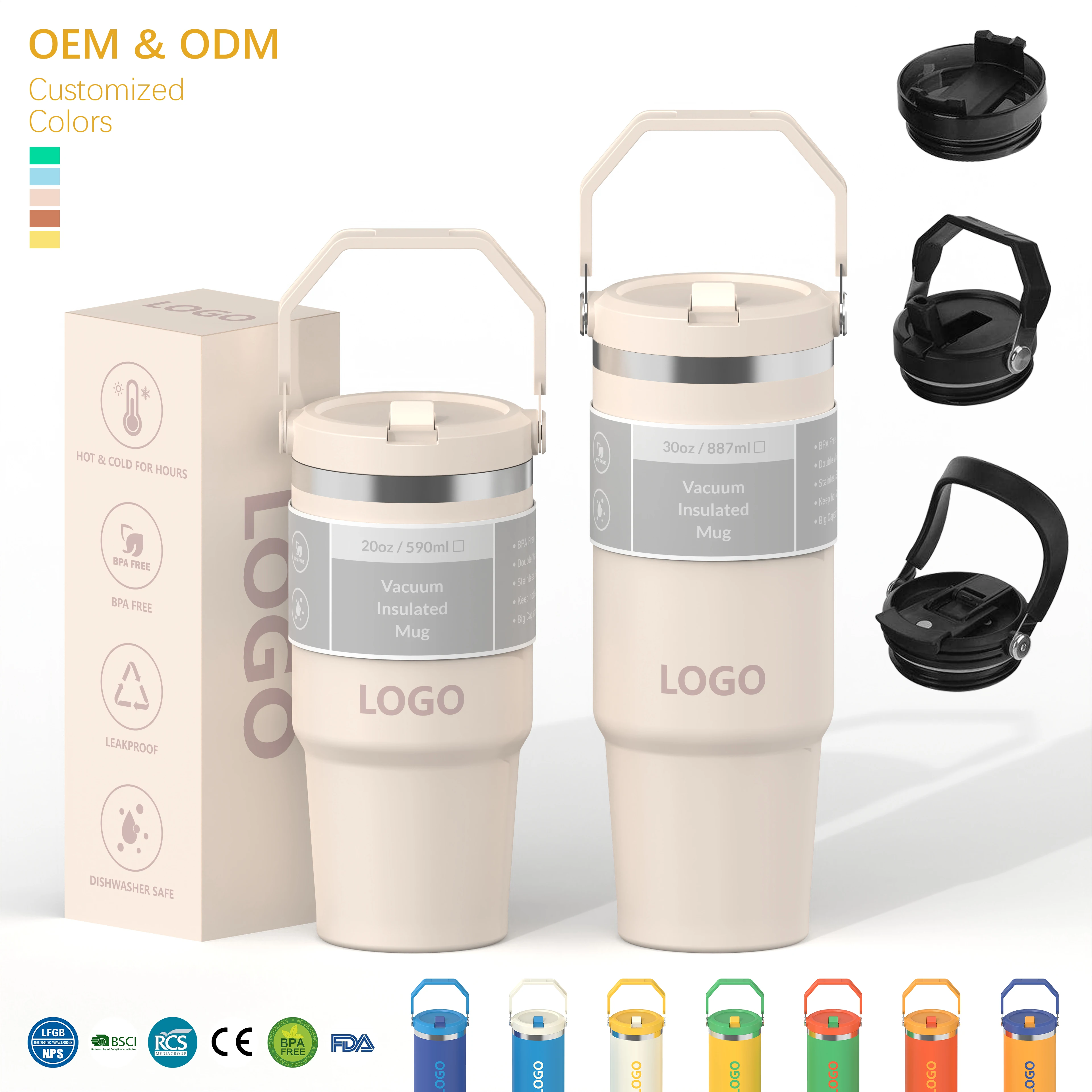 Custom Portable 20oz 30oz Leakproof Stainless Steel Flip Straw Insulated Car Travel Mug Vacuum Coffee Tumbler  with Handle Lid