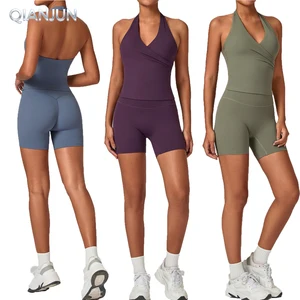 Hot Sale Quick Dry Yoga Wrap Top Shorts Yoga Set V-Neck Halter Workout Suits Fitness Yoga Wear 2 Pieces Set for Ladies
