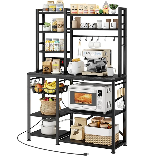 Spices Pots with Power Outlet Baker Rack Microwave Display Stand Storage Large Coffee Bar Station Kitchen Display Shelf Rack