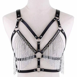 Adjustable Erotic Bra Top Punk Pu Sexy Adult Belt Sexy Boobs Body Harness Metal Tassel Body Chain Leather Chest Harness