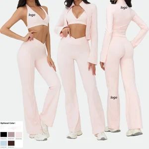 3 Piece Women's Yoga Set with Sports Bra Long Sleeve Jacket&Flared Pants Gym Workout Fitness Sports Outfits Stretchy Activewear