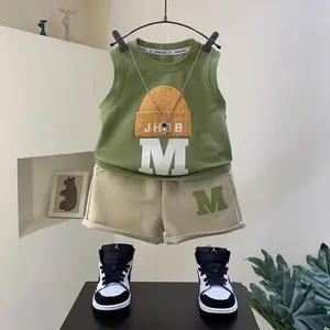 New Summer Boys' Casual Cotton Print Thin Tank Top Sports Set