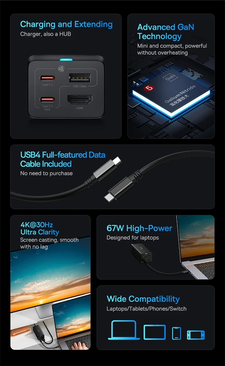 Pour baseus GaN5 Pro chargeur rapide de bureau 1U + 2C + HDMI 67W avec cordon d'alimentation de 1.5m prise de charge