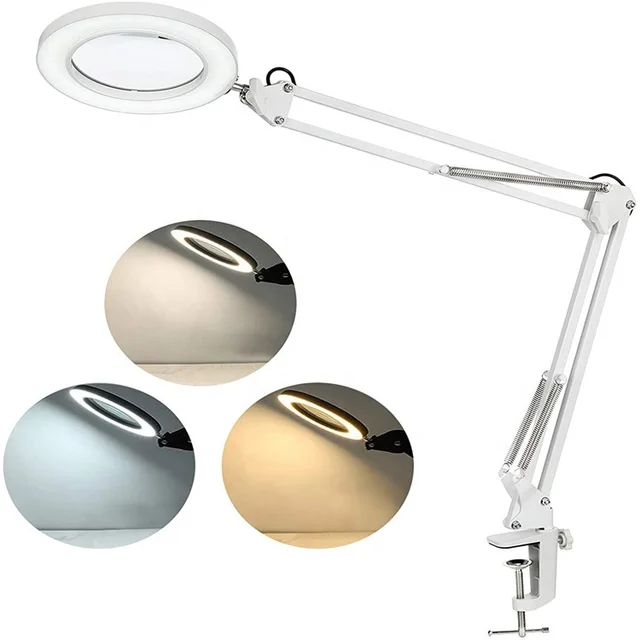 LED Magnifying Glass Desk Lamp 3 Modes10 Ways Brightness Adjustable Metal Clip Laboratory Desk Led Lamp with Magnifier