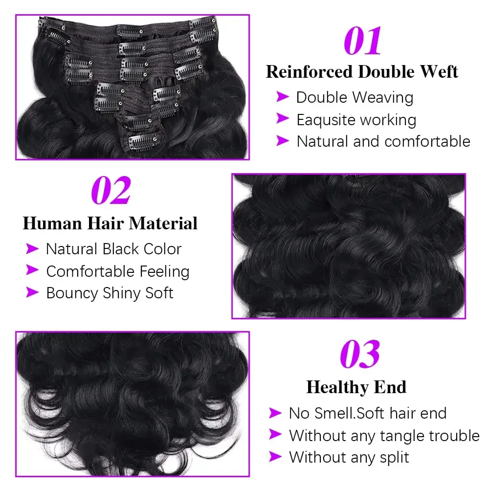 Extensions de cheveux humains à clips Body Wave en cheveux humains brésiliens véritables couleur naturelle #1B 120 g/ensemble_voghion.com