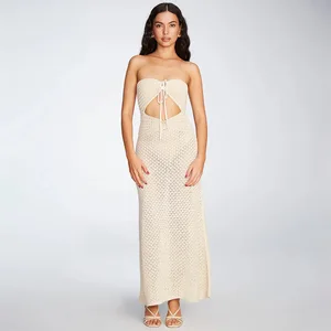 STOCK Bandeau Top Ties Details Starfish Knitted Women Dress Cut Out Maxi Dress Crochet Hollow Out Cover Ups S-L