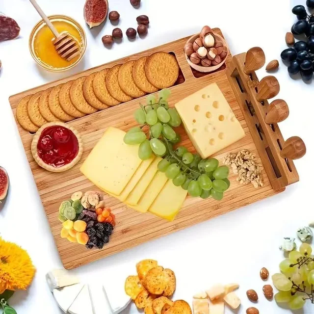 Hot Serving tray Wood Bamboo Cheese Board Set with Cutlery In Slide Out Drawer Bread Food Platter Cutting Board wholesale