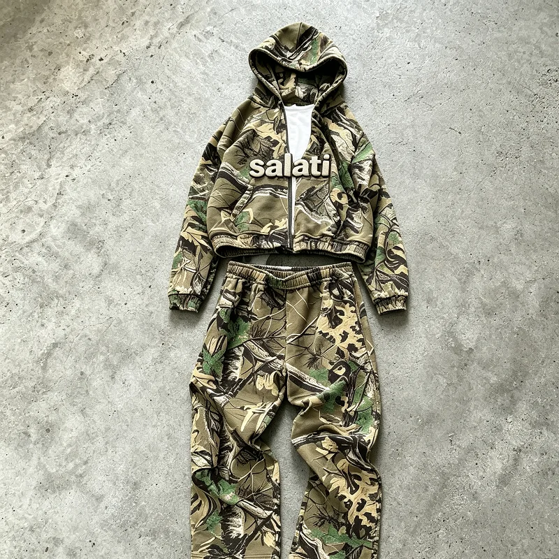 Custom Polyester/Cotton Zip Hoodie Jogger Set Heavyweight 360GSM Camo Print Outdoor Casual Quick Dry Embroidery Logo gallery 7