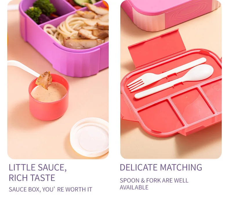 FDA LFGB CE CPC cartoon student kids 4 compartments leakproof plastic food grade lunch box with sauce box and cutlery 1200ml