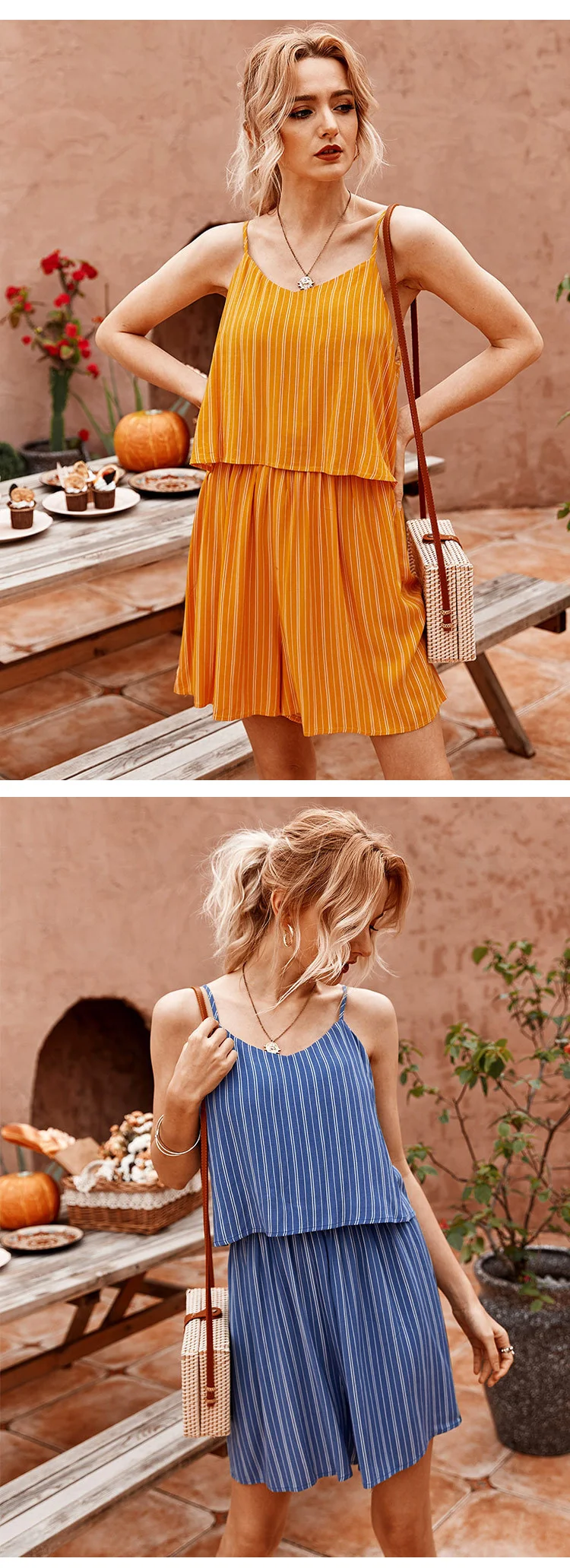 Designer model hot sale item Summer sweet style stripe adjustable spaghetti strap  short Jumpsuits