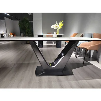 New model roeck plat dining table set living room furniture luxury dining Stainless steel slate top dining table