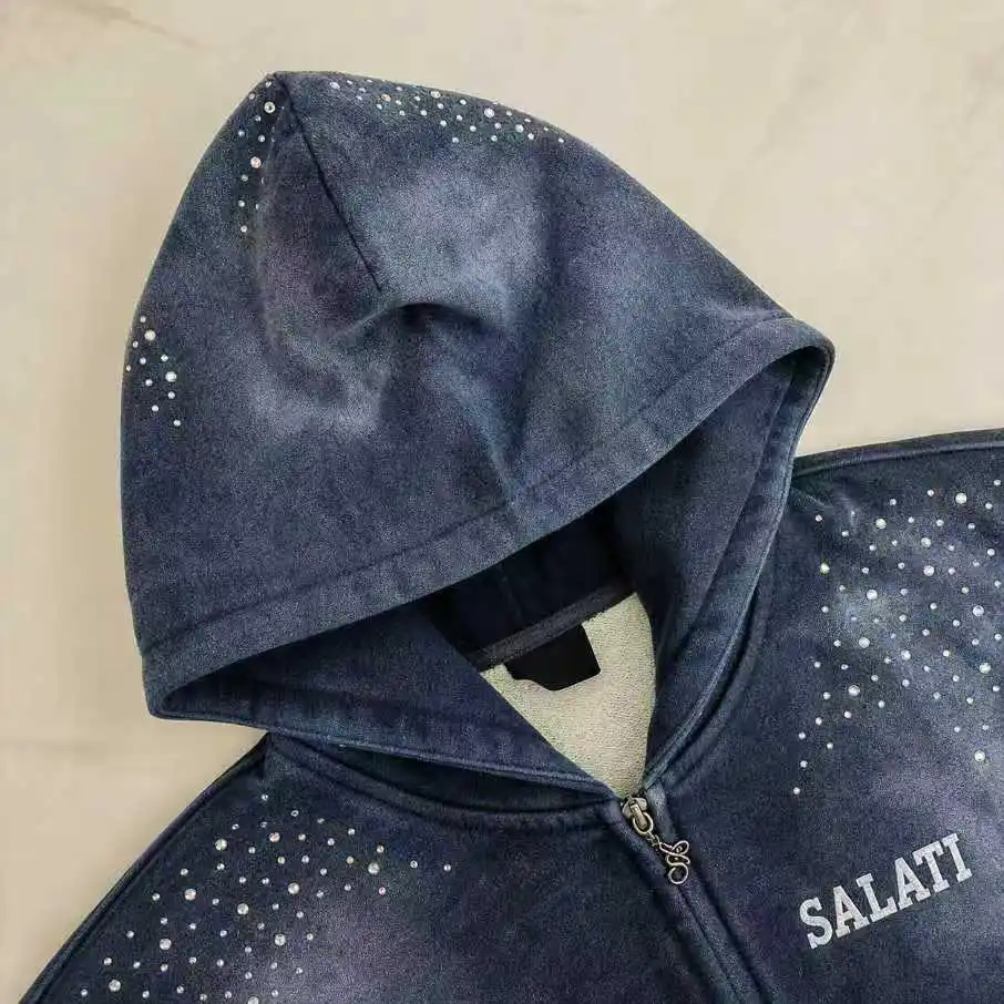 Wholesale Washed Zip up Hoodie Rhinestone Graphic Fleece Oversized Streetwear Casual Winter Bulk Fashion Men Zip up Hoodie gallery 3