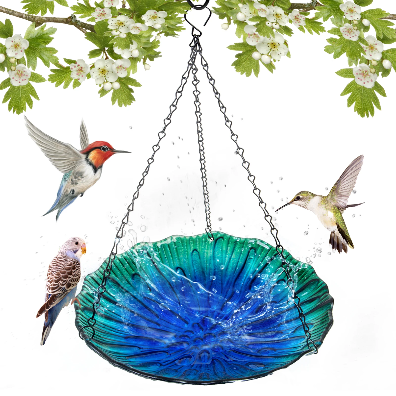 Glass Bird Bath Outdoor Hanging Small Birdbath 10.5" Wild Bird Feeder for  Yard